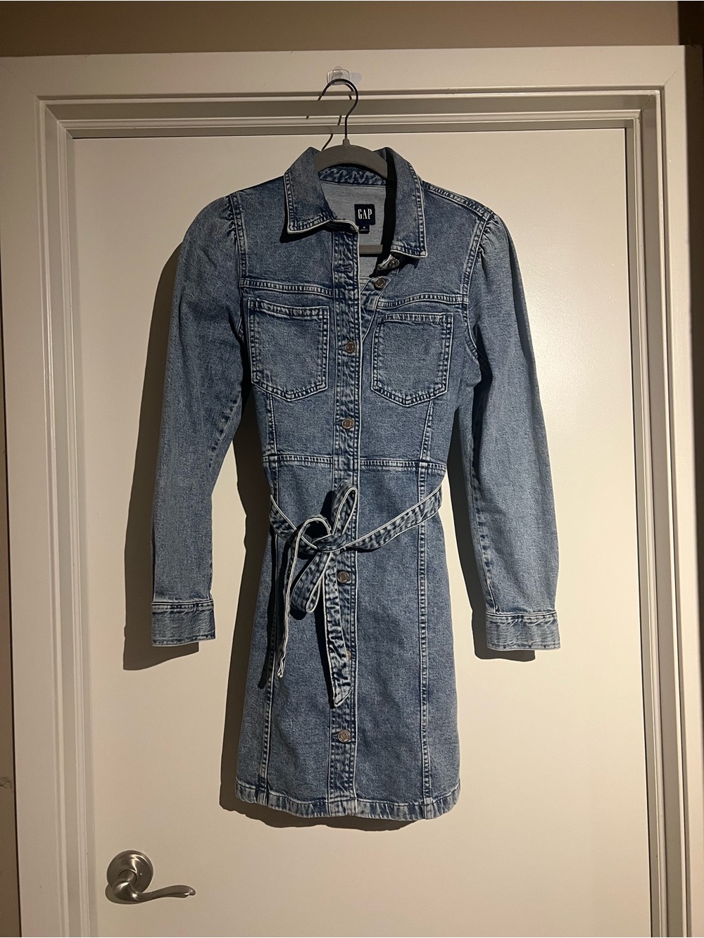 GAP Light Wash Denim Shirt Jacket with Tie Belt